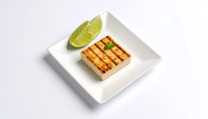 Grilled Tofu Square with Lime and Mint on a White Plate in Bright Studio Lighting