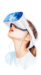 Hand-Drawn Watercolor Illustration of a Young Woman in Virtual Reality