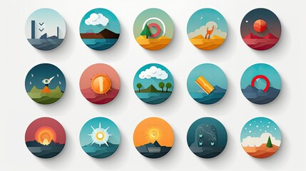 Collection of circular icons depicting various landscapes and abstract nature scenes artfully arranged