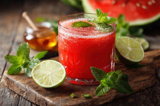 Refreshing glass of vibrant watermelon juice blended with lime, honey, and mint, beautifully arranged on a rustic wooden cutting board