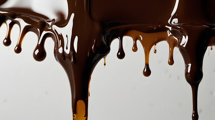 Melted chocolate dripping from a spoon onto a white background