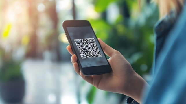Person holds smartphone with QR code - Powered by Adobe