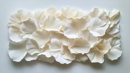 A rectangular arrangement of many white petals on a white surface creating a textured pattern