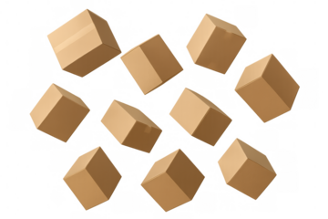 Ten cardboard boxes falling against a transparent background, creating a dynamic visual suitable for delivery and logistics concepts