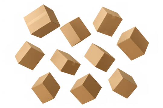 Ten cardboard boxes falling against a transparent background, creating a dynamic visual suitable for delivery and logistics concepts