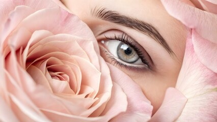 Romantic close-up: gentle petals framing a clear eye create intimacy and floral elegance—ideal for beauty or emotional storytelling visuals.