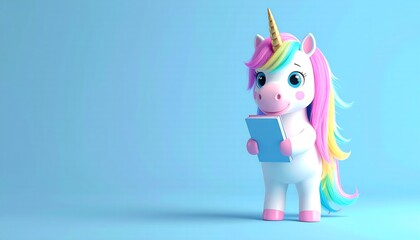 Unicorn Reading Cute magical animal on blue.