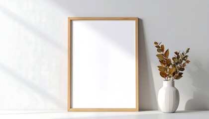 Minimalist Wooden Frame with Bronze Leaves in a White Vase on Display