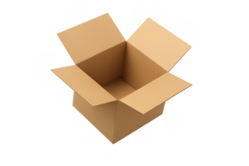 Realistic open cardboard box isolated on transparent background, ready for shipping and packaging
