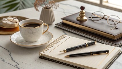 A warm morning beverage, like a cup of coffee, accompanies a notebook and pen on an office desk, perfect for work or jotting down notes