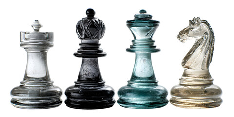 Close up of glass chess pieces including rook bishop queen and knight on a black background