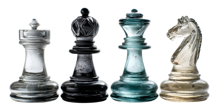 Close up of glass chess pieces including rook bishop queen and knight on a black background