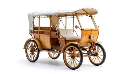 Ornate Wooden Antique Car with White Canopy on White Background Studio Shot