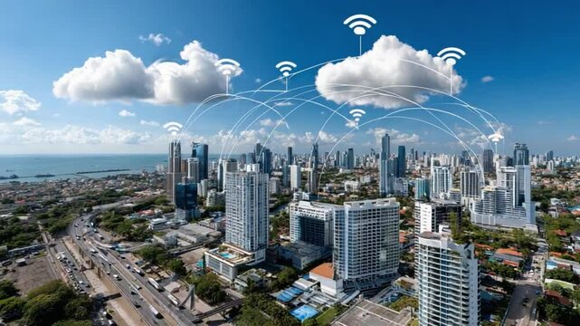 Smart City with Cloud Connectivity: A high-angle shot reveals a modern metropolis integrated with cloud-based network, symbolizing technological progress and advanced infrastructure.
