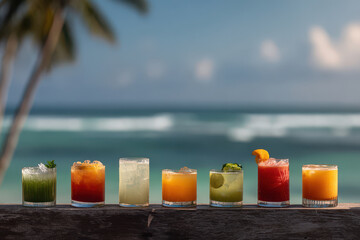 vibrant display of top  iconic cocktails beautifully arranged by poolside or beach