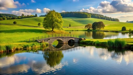 Fototapeta premium Rural landscape with rolling hills and a small stone bridge over a serene lake