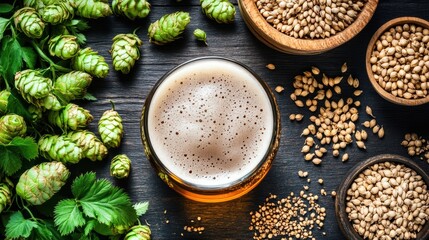 Top View of Craft Beer Surrounded by Hops and Barley on Dark Wooden Background.