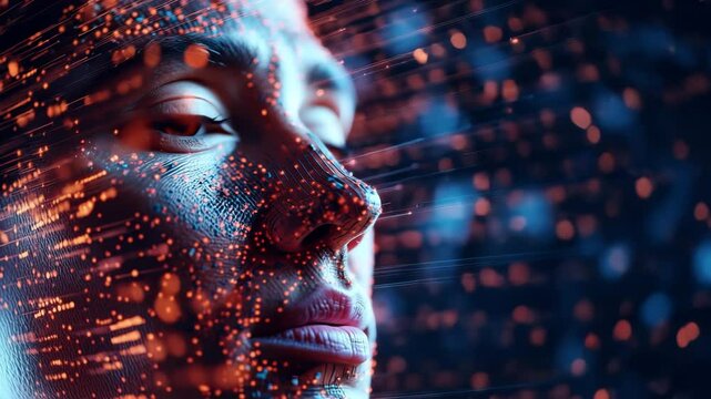 Digital face technology artificial intelligence data futuristic human innovation glowing cyber emotion, close up of human face with glowing digital - Powered by Adobe