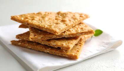 Fototapeta premium Peanut Brittle Stack Tan Color and Square Shape on White Napkin Background