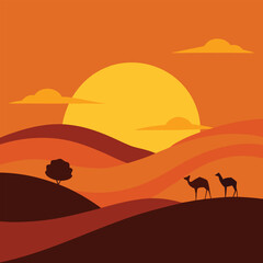 Sunset over Desert Dunes Camels Silhouetted Against Vibrant Orange Sky