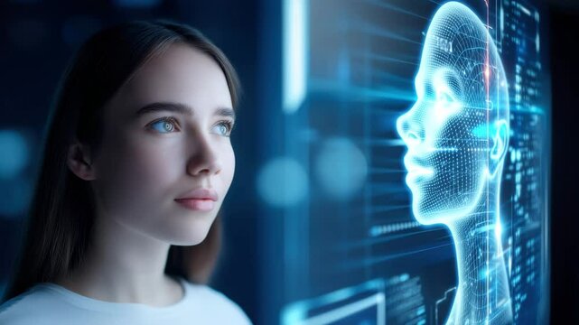 Young woman female adult observing digital human face hologram, futuristic artificial intelligence technology innovation, blue light virtual science - Powered by Adobe