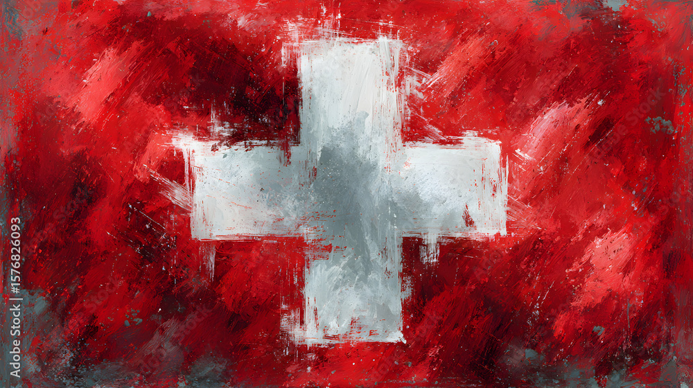 Poster abstract representation of a swiss flag featuring bold red and white colors with textured brushstrok