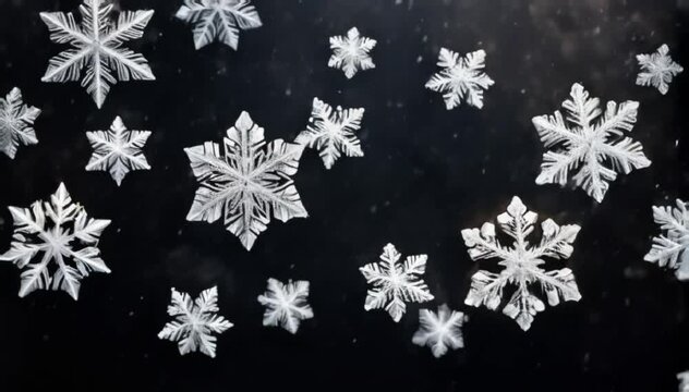 Slow-motion snowflakes drifting through the air against a dark background, showcasing each intricate detail.