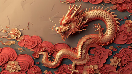Fototapeta premium A vibrant Chinese dragon, coils amidst stylized clouds and flowers against a dark background, showcasing intricate details and rich colors.