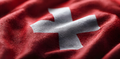 Close-Up of the Swiss Flag Waving with Red Fabric and White Cross Symbol Representing National Pride