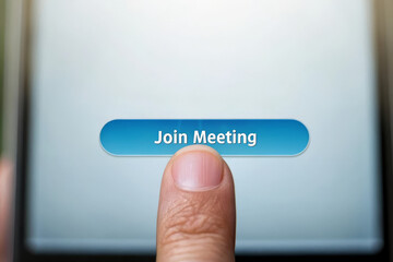 Finger screen button join meeting technology touch closeup digital communication create modern scene of person about to tap join meeting button digital device conveying anticipation and connection