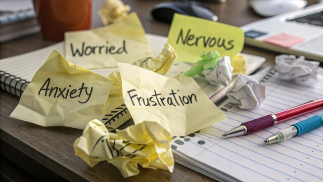 Anxiety frustration nervous worried stress crumpled paper sticky note office mental health emotion scattered desk workplace overwhelmed messy writing pen notebook concern pressure tired burnout