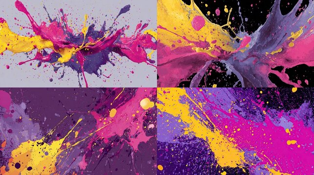 Four panels of vibrant, dynamic paint splashes in various shades of pink, purple, and yellow.  Each panel shows a unique pattern of splatters and streaks on a contrasting background - Powered by Adobe