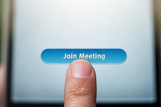 Finger screen button join meeting technology touch closeup digital communication create modern scene of person about to tap join meeting button digital device conveying anticipation and connection
