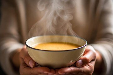 Steaming bowl of hot soup held in hands, warm comfort food, cozy indoor setting, inviting aroma, soft natural light, relaxation and nourishment