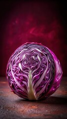 Fototapeta premium Fresh red cabbage with vibrant red color and intricate texture against a dark red background