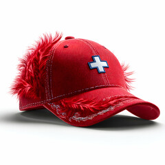 Fototapeta premium Vibrant Red Baseball Cap With Feather Details and Swiss Cross Emblem for Festive Occasions