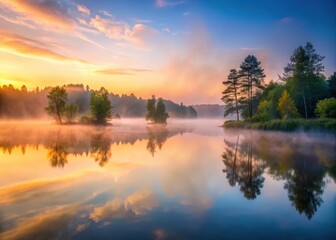 Naklejka premium Dawn breaks over a serene lake landscape with misty fog rising from water surface and surrounding trees