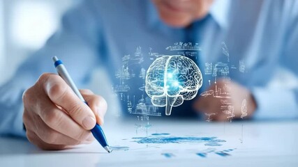 Human hand with pen drawing brain hologram, showcasing technology innovation, artificial intelligence, science, creativity, and futuristic research - Powered by Adobe