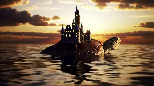 Magical turtle island at sunset