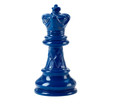 A single blue king chess piece isolated on a black background with intricate details and glossy finish