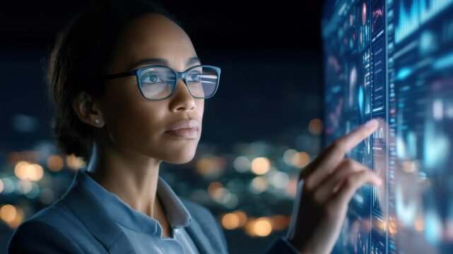 Confident businesswoman using digital touchscreen for data analysis futuristic night cityscape, showcasing professional technology skills with - Powered by Adobe