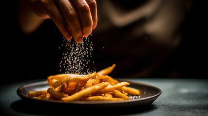 Seasoning French Fries, A Hand Sprinkling Salt onto Golden Crispy Potatoes on a Plate