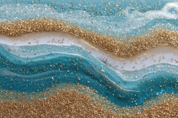 Abstract liquid gold and teal wave texture with white sparkle background and metallic shine overlay for luxury branding web banners and digital templates.
