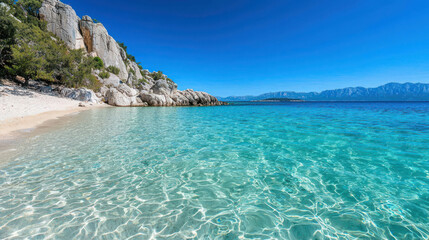 Tranquil beach scene with clear turquoise water, rocky shoreline, and distant mountains under a bright blue sky on a sunny day