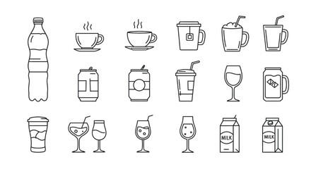 Line art illustration of various drinks, including water bottle, coffee cup, soda can, wine glass, and milk carton.