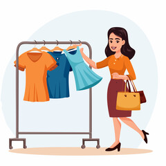 Stylish young woman joyfully shopping and holding up a dress in front of a clothing rack � a vibrant fashion-themed vector capturing the experience of personal style discovery