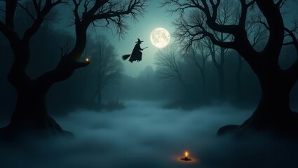 Fototapeta premium Spooky Halloween scene with witch silhouette flying on broomstick across full moon through misty forest with bare twisted trees and flying bats