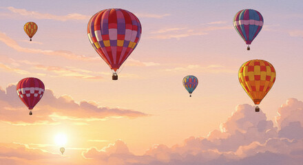 Obraz premium Watercolor hot air balloons floating over soft sunrise sky with pastel clouds