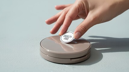 Hand placing cruelty free label on makeup case for ethical beauty choices