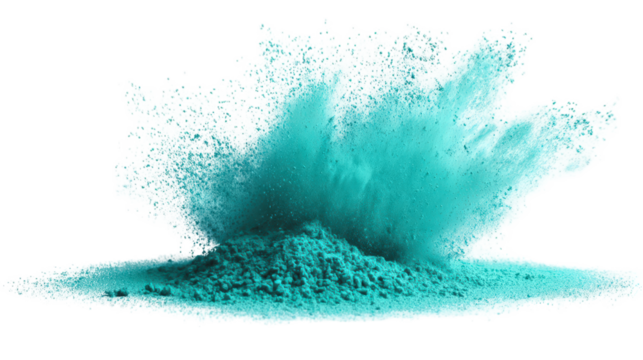 A vibrant teal powder explosion creates a dynamic and impactful visual, perfect for adding energy and color to designs, isolated on transparent background